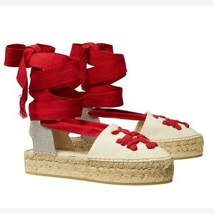 Tory Burch Woven Double T Espadrille Sandals Red Natural Size 7.5